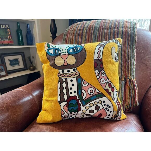 Embroidered Gold Abstract Cat Throw Pillow Cover 18x18 - Picture 2 of 4